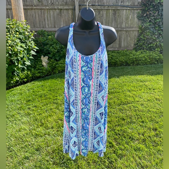 Lilly Pulitzer Womens Lydia Bay Blue Dress LARGE Braided Racerback Beach resort - Picture 1 of 15